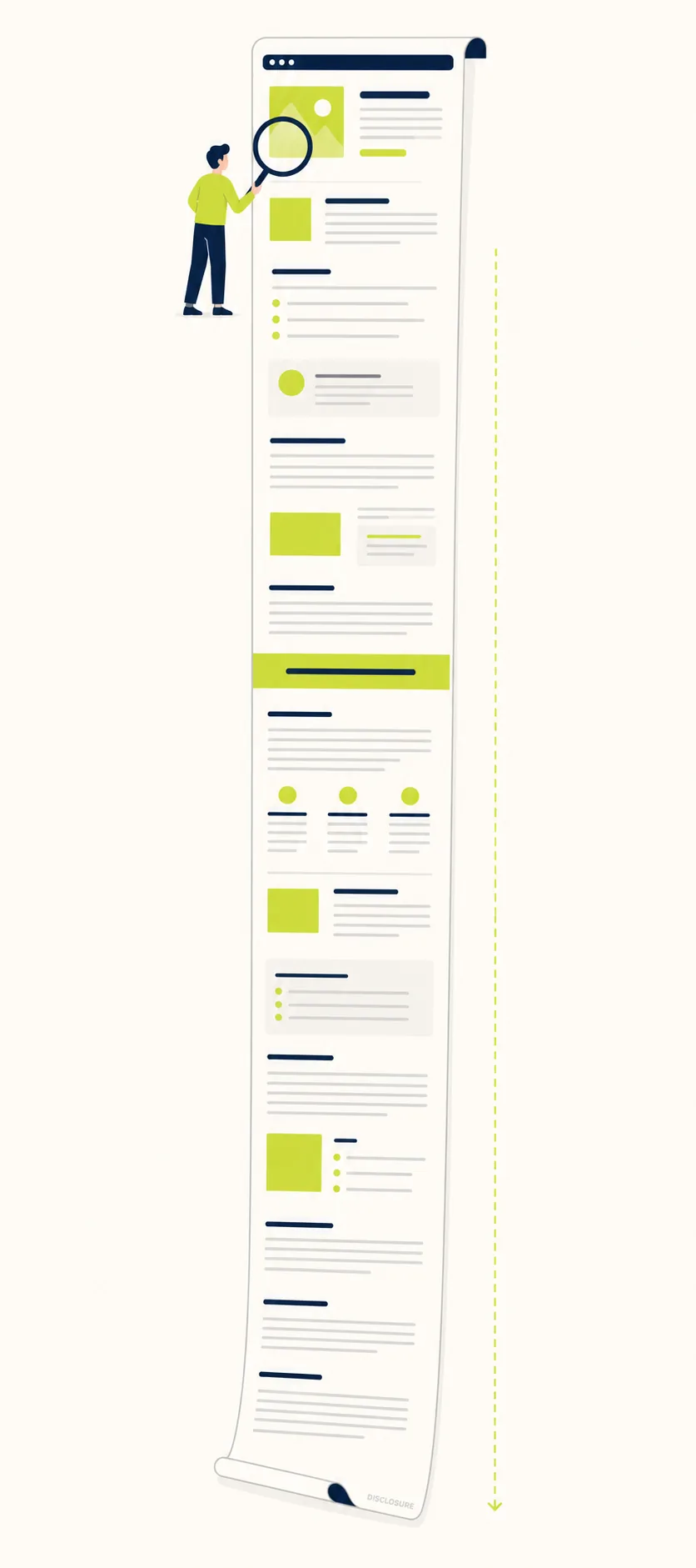 The footer-only disclosure mistake A tall webpage with a tiny disclosure label at the very bottom, far from the reader at the top — the footer-only disclosure mistake