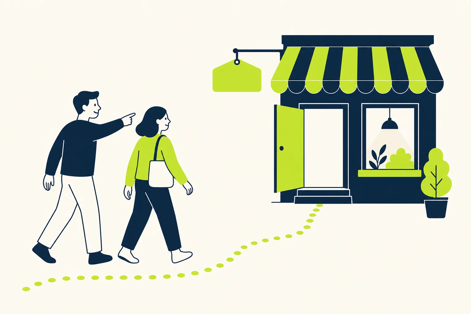 The referral frame Two people walking toward a storefront door, one pointing the way for the other — the referral frame of affiliate marketing