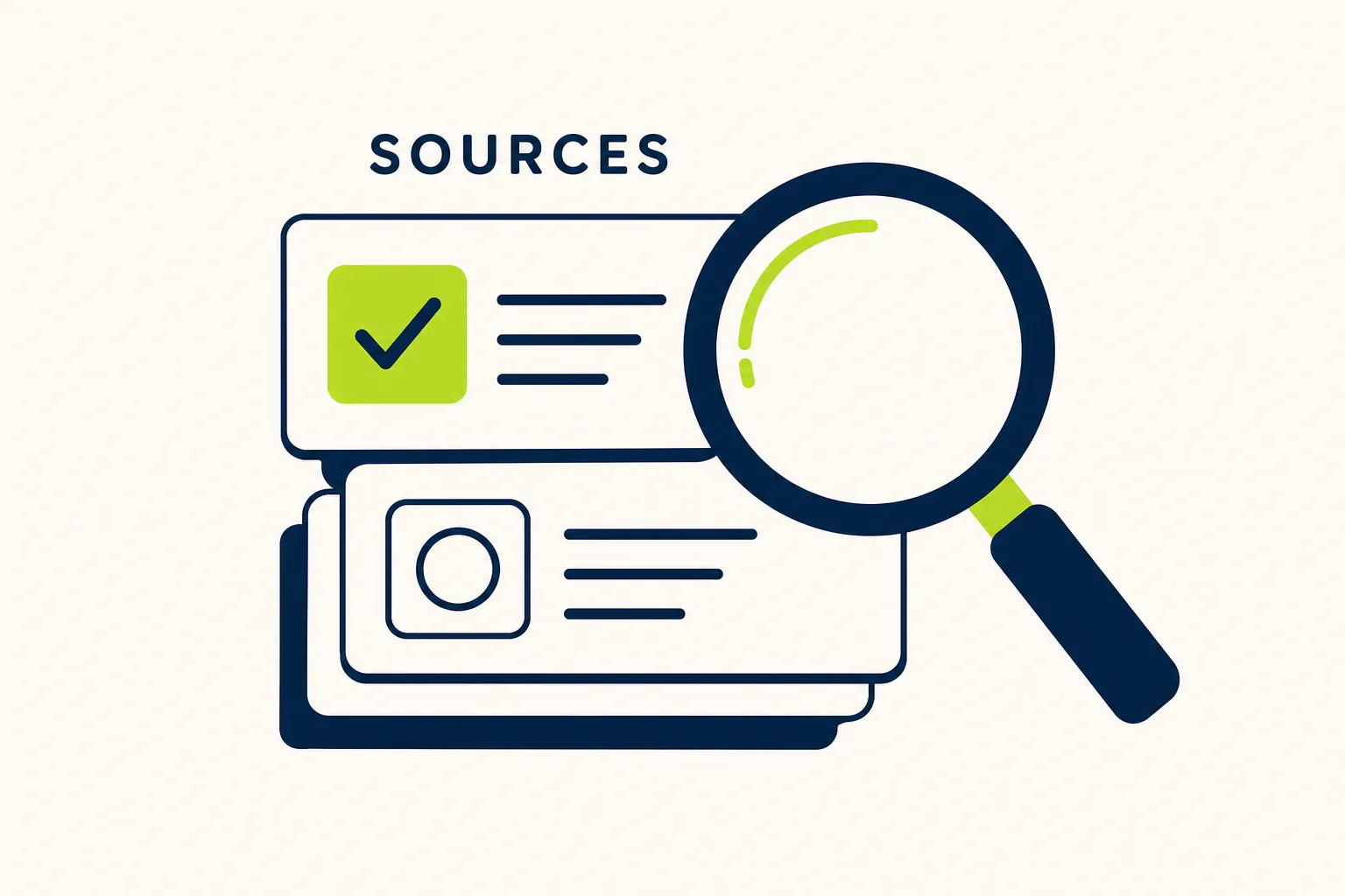 Research: the job under the others A magnifying glass over a stack of source cards, one verified with a checkmark — research as the core affiliate job