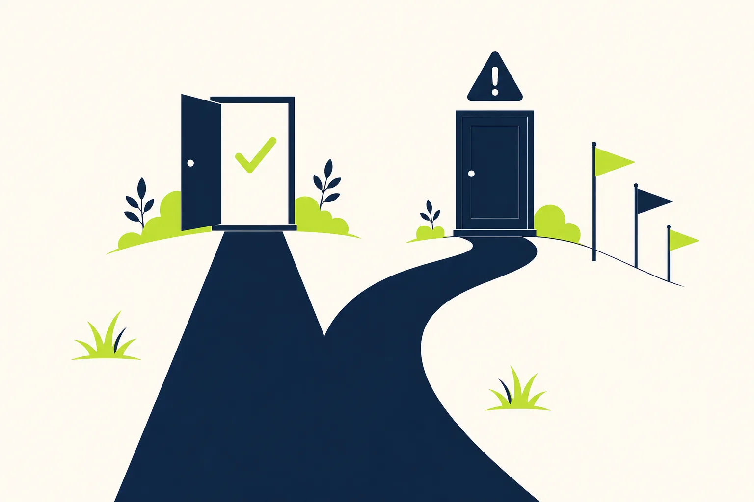 A fork in the road: the straight path to a legitimate open door, the side path to a door marked with a warning triangle