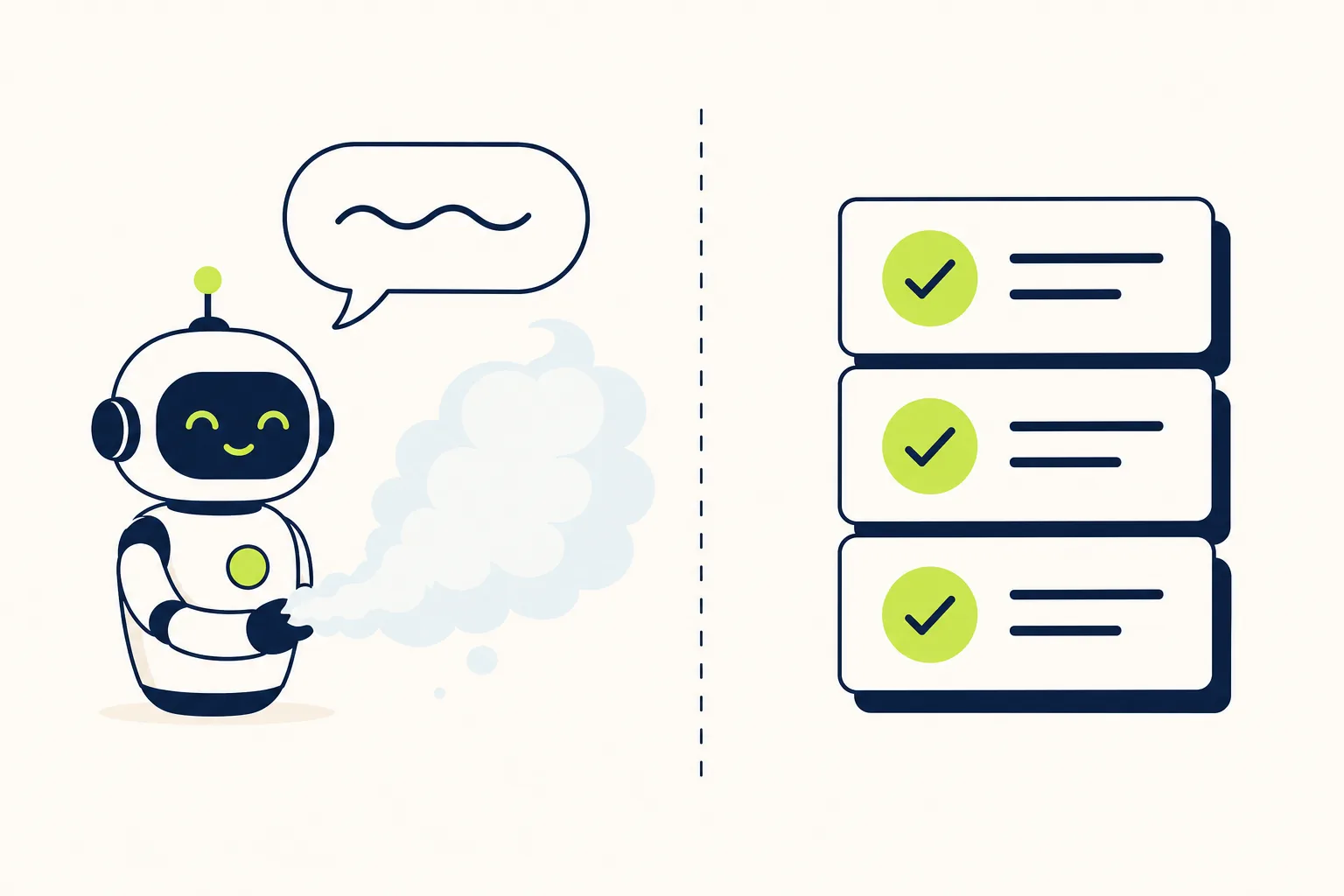 The fog machine problem A robot speaking fog beside a neat stack of three verified fact cards — the AI hallucination problem