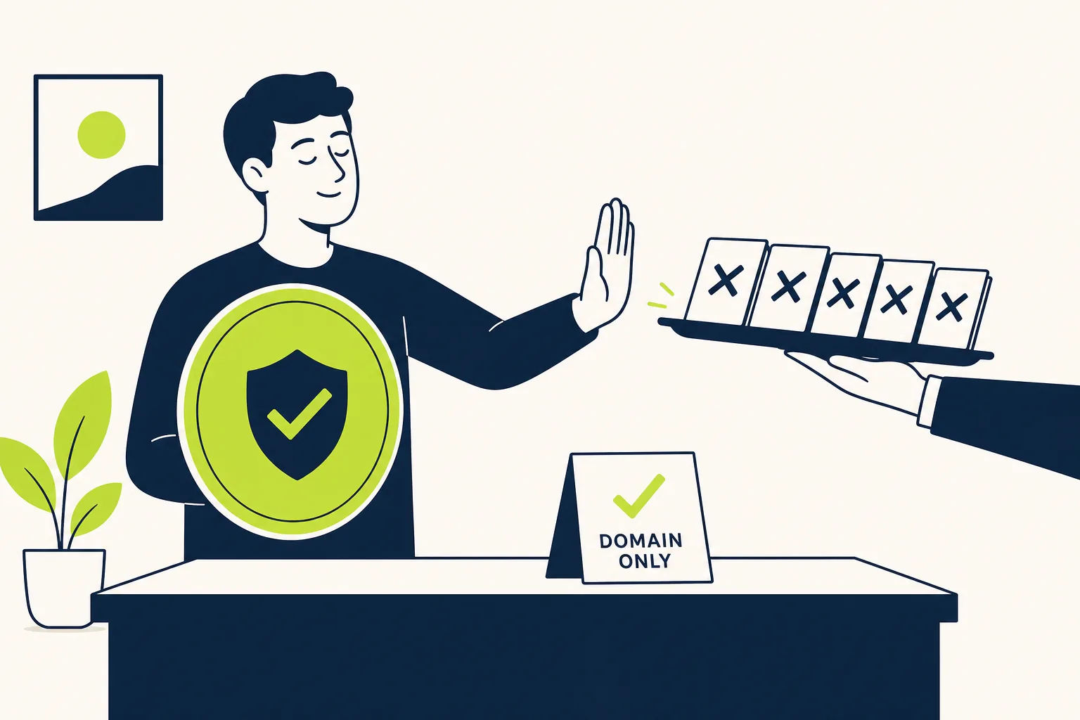 Registrar upsells to decline A shopper holding a shield calmly declining a tray of registrar upsell offers, keeping only the domain purchase