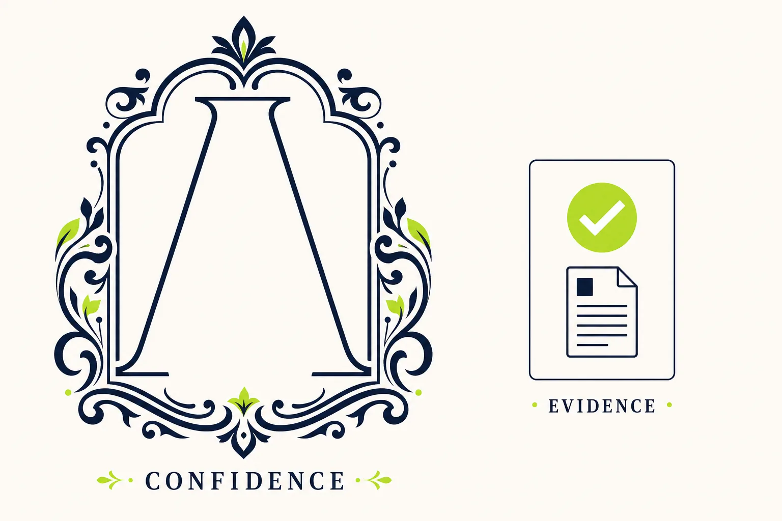 A large decorative letter labeled confidence beside a small plain card labeled evidence — confidence is not evidence