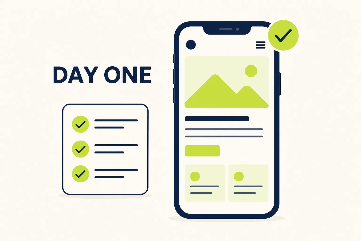 The day-one deploy checklist A phone displaying a finished webpage with a checkmark badge beside a three-row checklist card