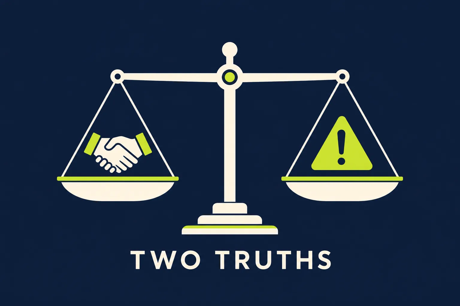 A balanced scale holding a handshake on one side and a warning triangle on the other — affiliate marketing's two truths