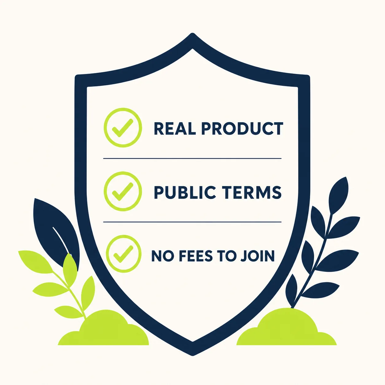 A shield-shaped checklist for a legitimate affiliate program: real product, public terms, no fees to join