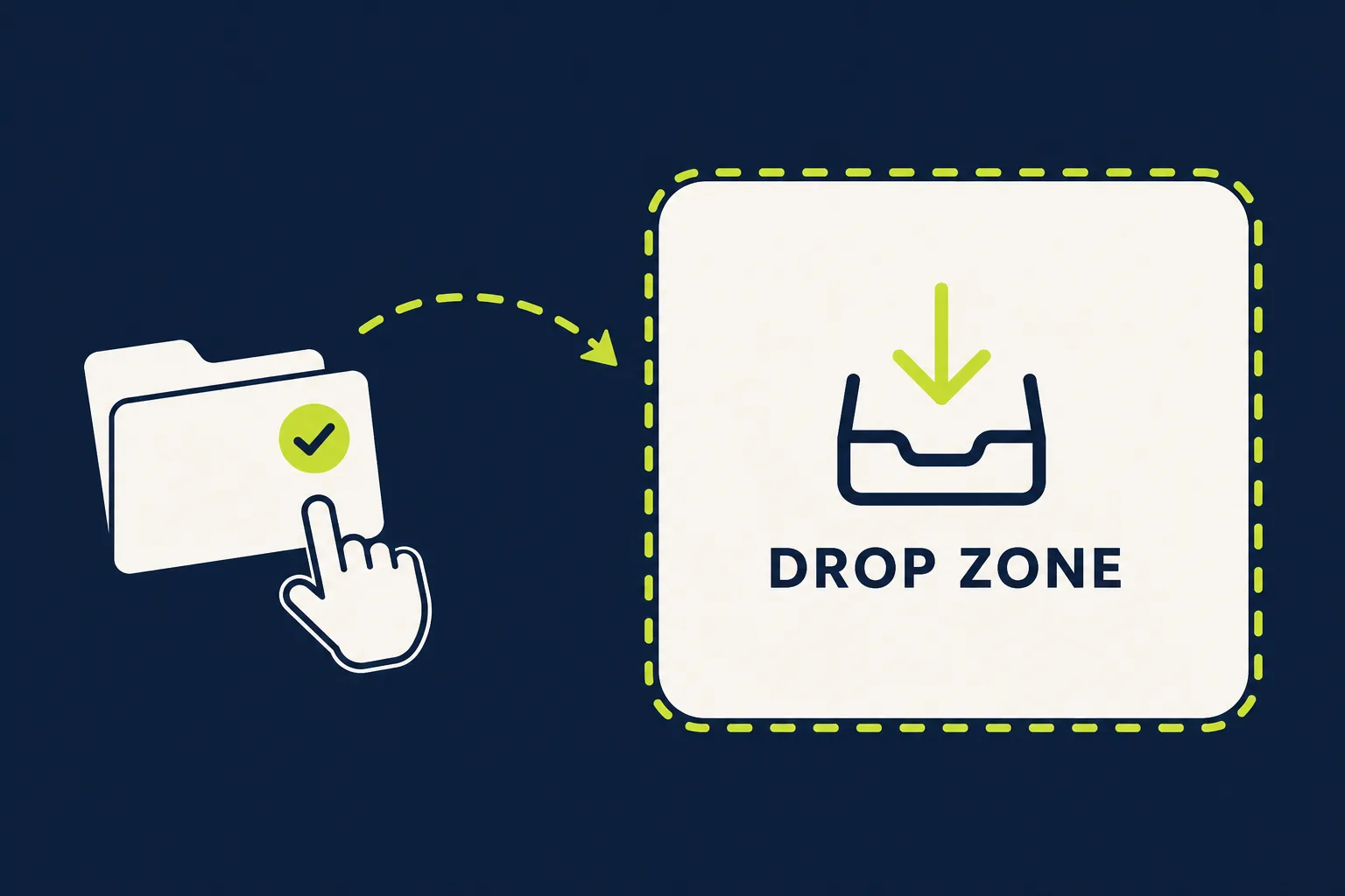 Deploy with Netlify Drop A cursor dragging a website folder onto a dashed drop-zone panel with a checkmark badge appearing