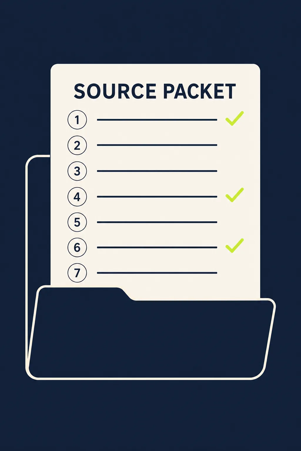 The source packet method A source packet document card with seven numbered points, three verified with checkmarks — the AI anti-hallucination method
