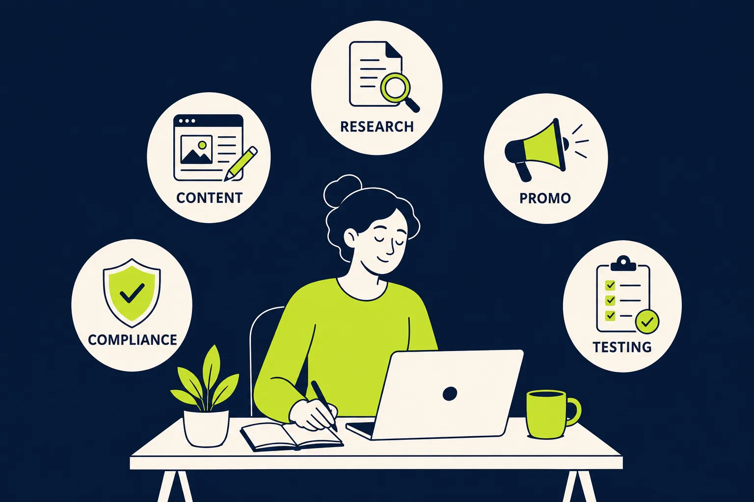 What an affiliate marketer actually does A person at a desk surrounded by five labeled circles — research, content, promotion, compliance, testing — the five jobs of an affiliate marketer